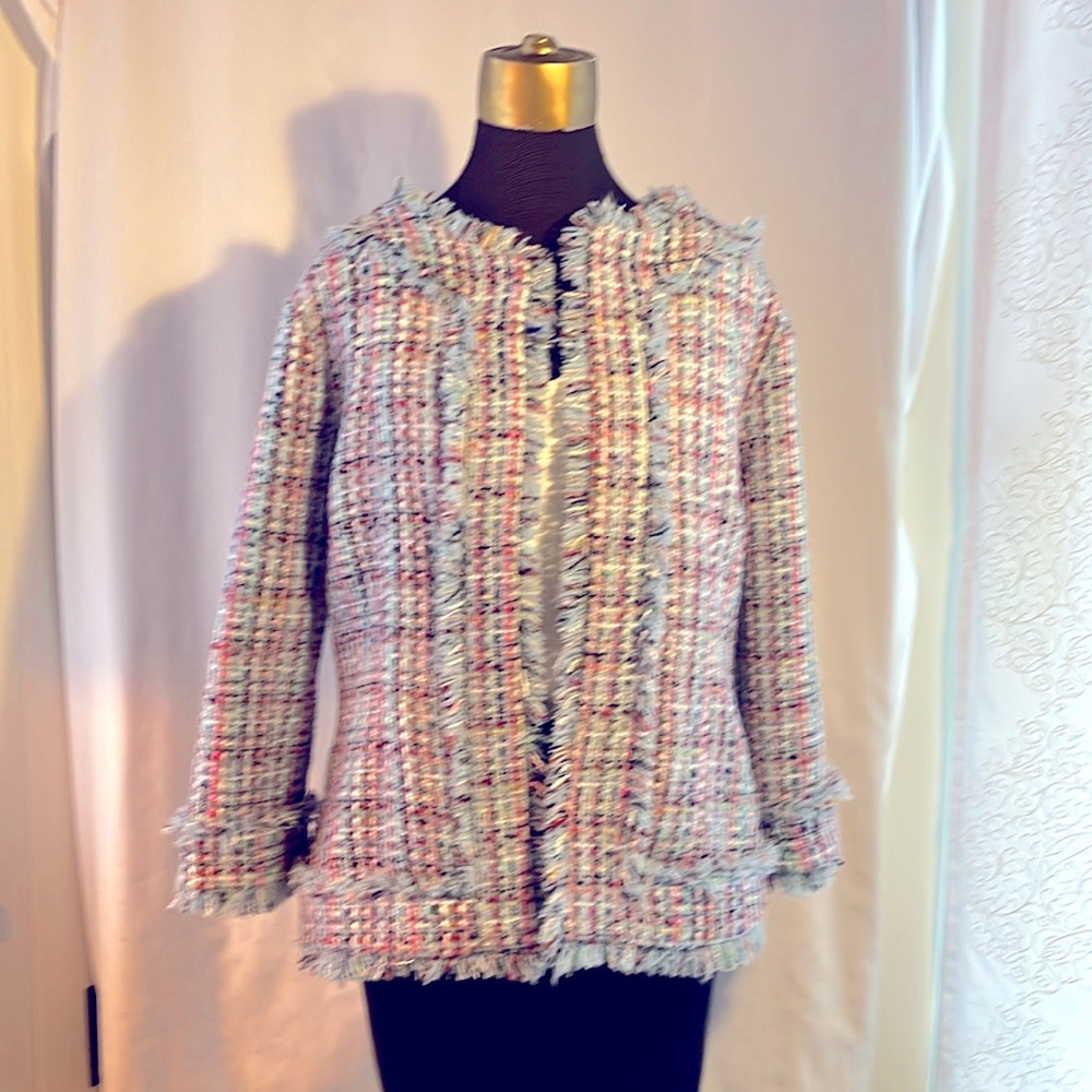 Boston Proper Textured Tweed Jacket in beautifully mixed pinks and blues.